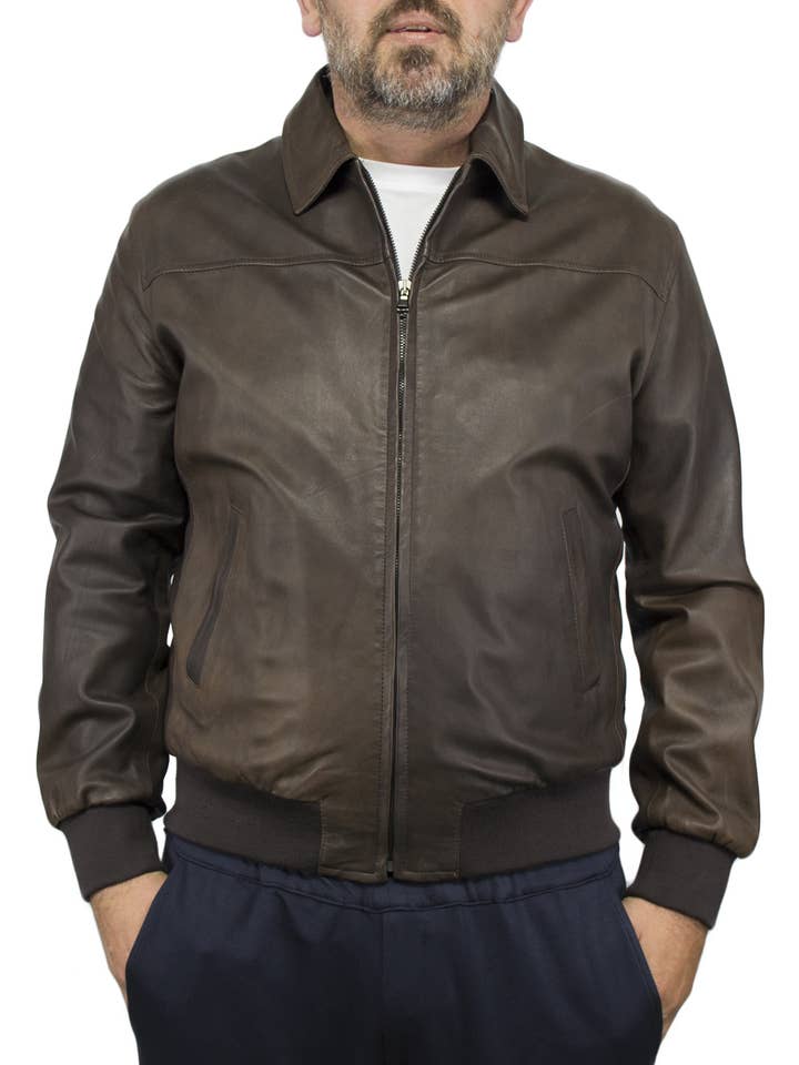 FONZIE - Blouson aviateur homme en cuir véritable d'agneau marron foncé pour la vente par Michelangelo srls