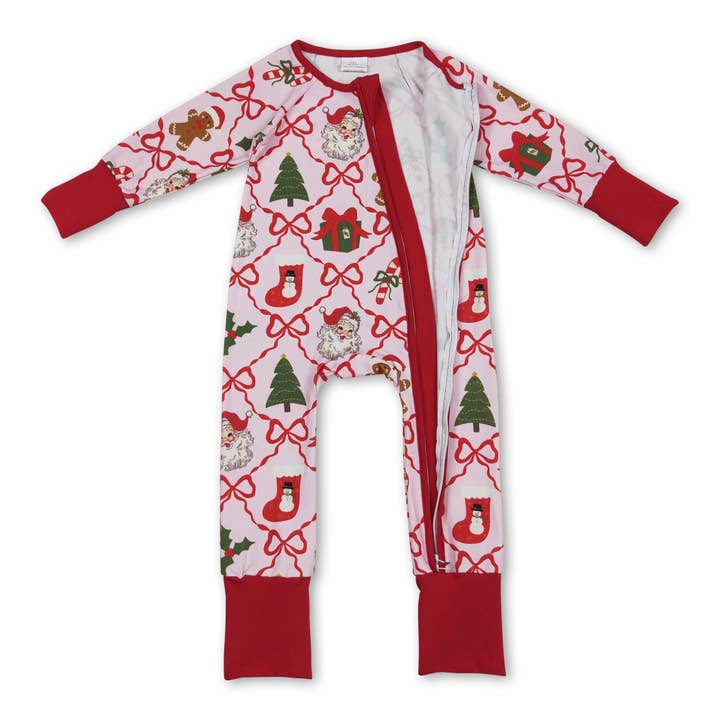 Yawoo Garments - Wholesale Jumpsuit - Baby - Red bow santa gingerbread baby Christmas zipper romper2