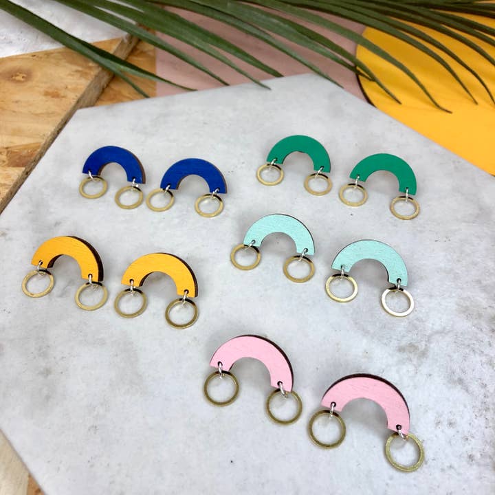 Arc and Circle Colourful Contemporary Wooden Earrings Eco for wholesale by Red Paper House