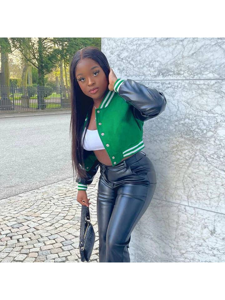 MB Fashion Wholesale - Wholesale Varsity/Baseball Jacket - Women's - MB FASHION CROPPED BUTTON DOWN JACKET 6466R10