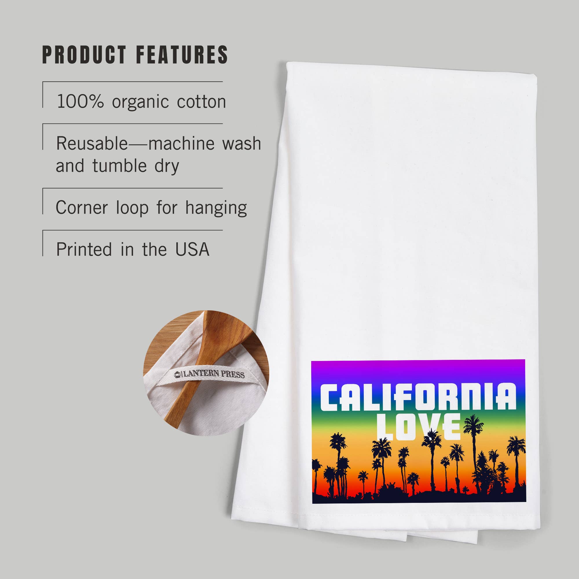 Lantern Press – wholesale Tea towel – ORGANIC TEA TOWEL California Love, Palm Trees, Pride Rainbow2