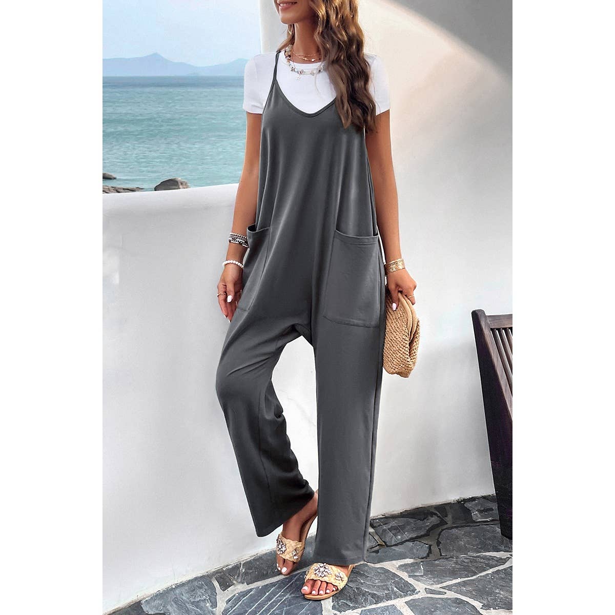 Supreme Fashion - Wholesale Jumpsuit - Women's - Pocketed Spaghetti Strap Loose Sleeveless Jumpsuit6