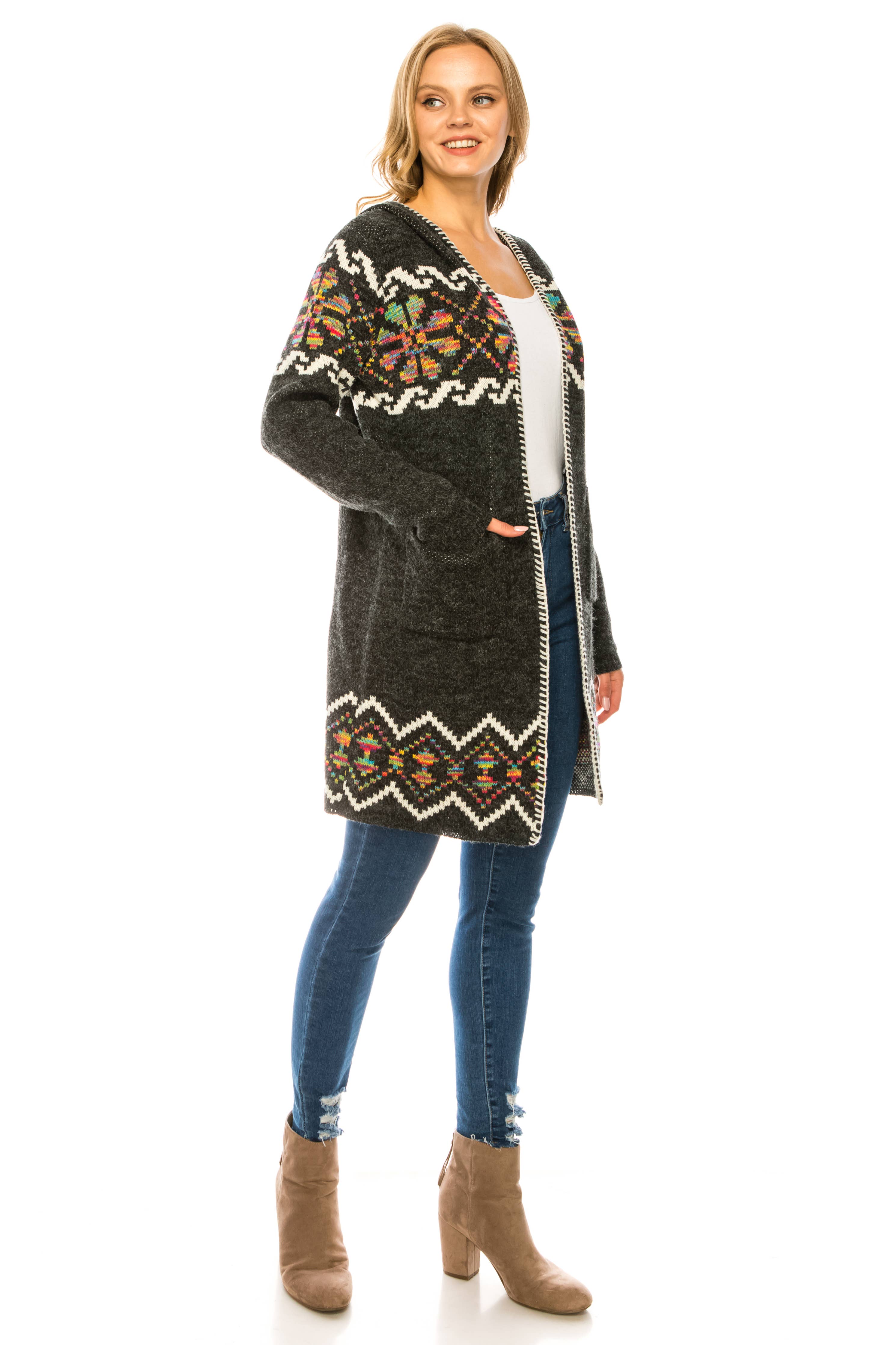 Oceanus Apparel - Wholesale Cardigan - Women's - OUG81327 Hooded floral patterned knit long cardigan sweater5