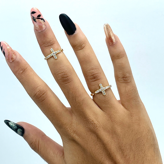 Luxus Accessories - Wholesale Multi-Stone Ring - 18k Gold Filled Front Clear Cubic Zirconia Cross Shape Adjustable Ring, Fashion Religious, Wholesale Jewelry Making Supplies4