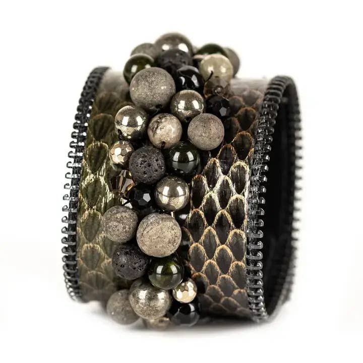 A Pulseira de Couro com Contas de Obsidiana e Borda com Fecho de Zíper por atacado de The Dark