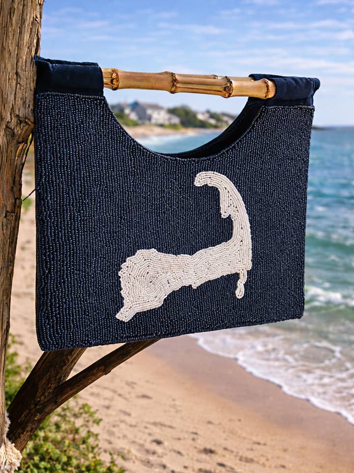 Navy Beaded Cape Cod Purse with Bamboo Handle for wholesale by NAVY JANE