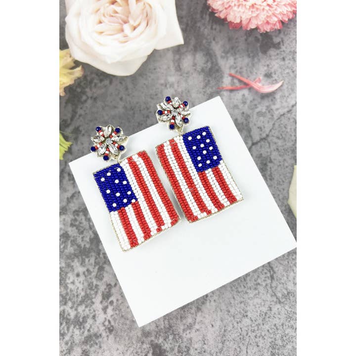 MULTI AMERICAN FLAG 4TH OF JULY BEADED POST EARRINGS for wholesale on Faire4