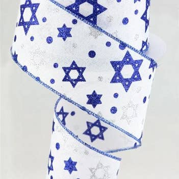General Wholesale Inc - Wholesale Ribbon - Gift Wrapping - 2.5"X10YD Jewish GLITTER STAR OF DAVID ON ROYAL burlap ribbon
