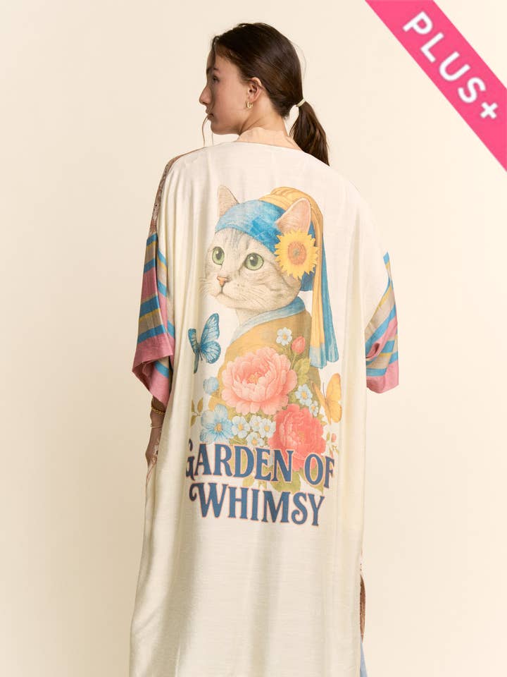 PLUS GARDEN WHIMSY CAT PRINTED BACK KIMONO DUSTER for wholesale by Davi & Dani