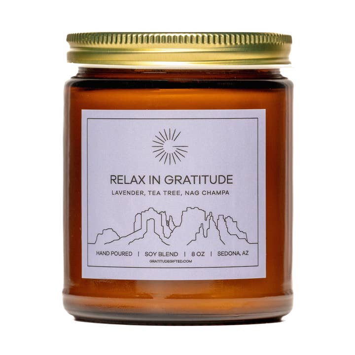 Gratitude Gifted - Vendita all'ingrosso Candela in vasetto - RILASSATI IN SEGNO DI GRATITUDINE, CANDELA ALLA LAVANDA, MELALEUCA, NAG CHAMPA0