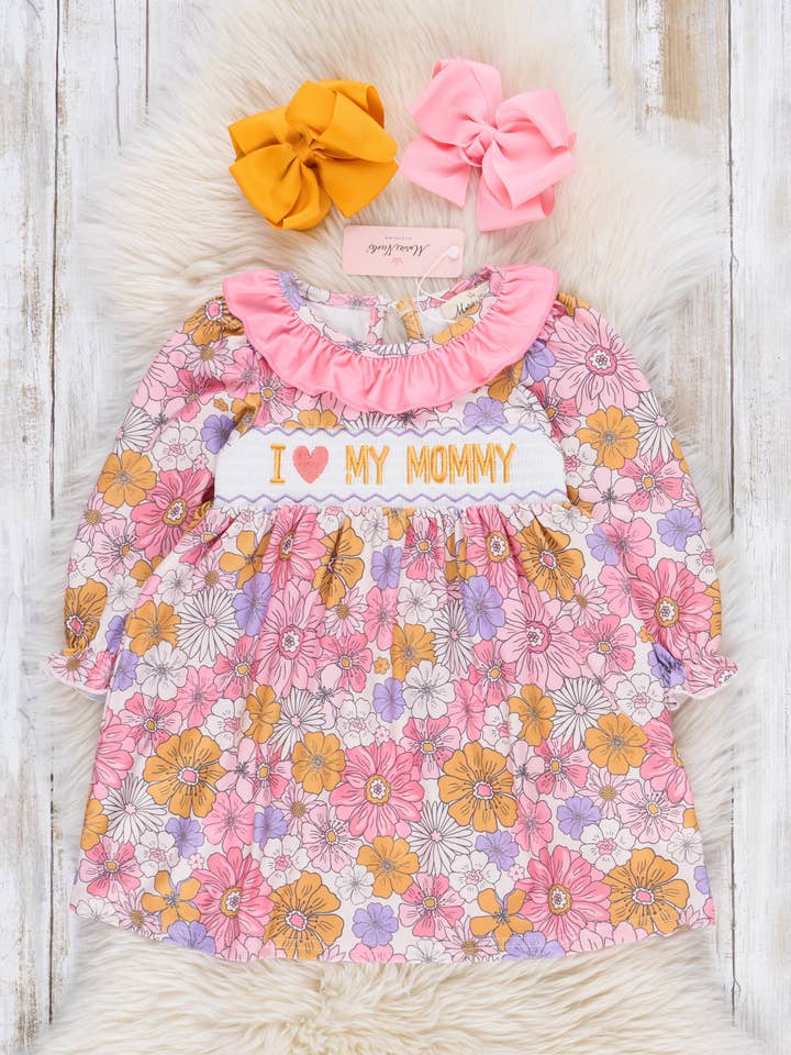 Pink & Purple Marigolds Smocked Mommy Love Dress for wholesale by Marie Nicole Clothing