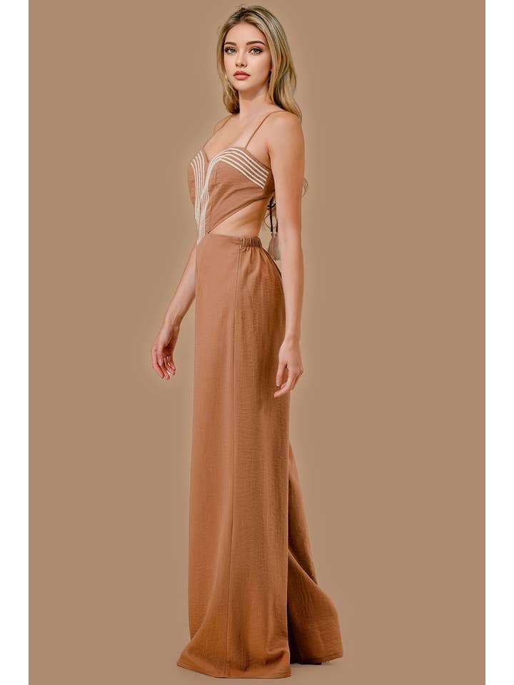 MOCHA AJWS1138E_COTTON CODING DETAIL WOVEN JUMPSUIT for wholesale on Faire3