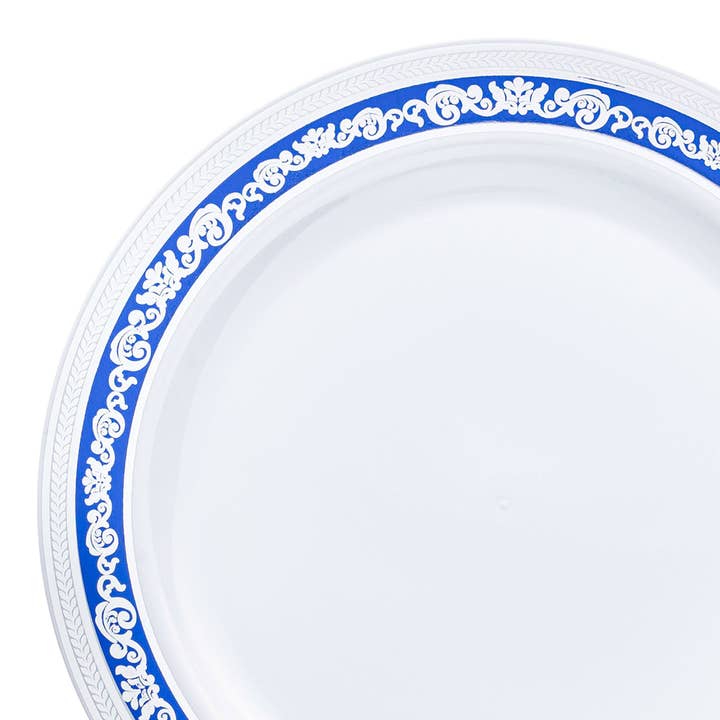 Smarty had a Party - Wholesale Disposable plate - 10.25" White Blue Silver Royal Rim Dinner Plates - 10 pcs
