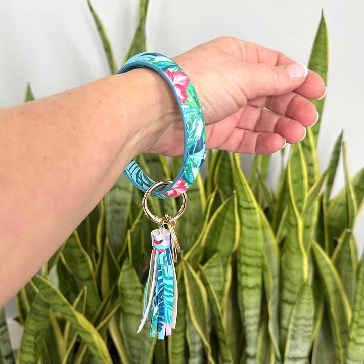 iconic mi - Wholesale Keychain Bracelet - Bangle Bracelet Keyring with Tassel Wristlet Tropical Leaves3