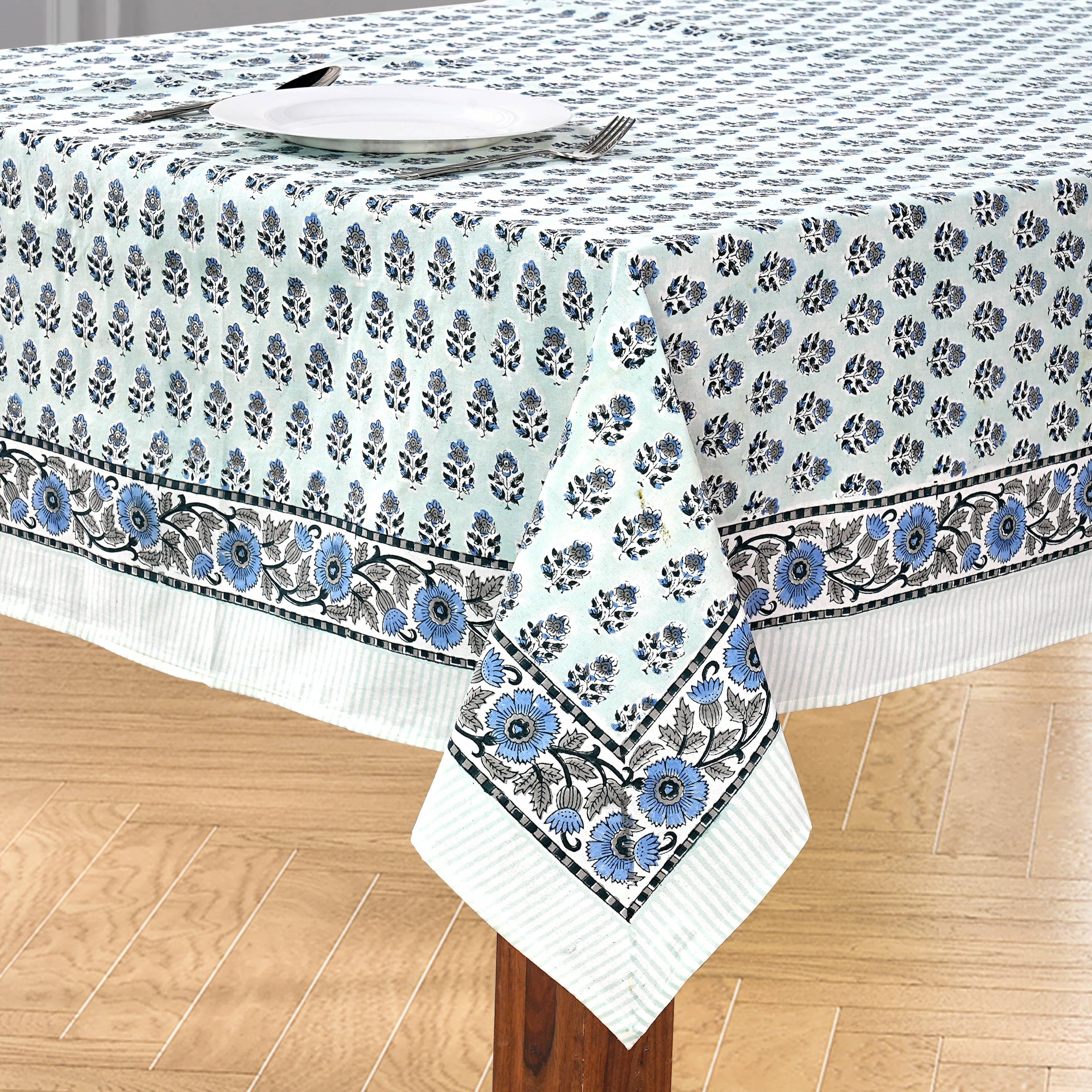 Cotton Print Club - Wholesale Tablecloth - Poppy Blue Block Print Tablecloth3