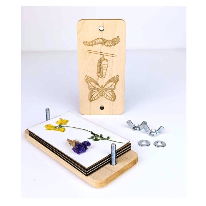 Pocket Sized Flower Press Metamorphosis Design | 2"x4" for wholesale by Macon Makes