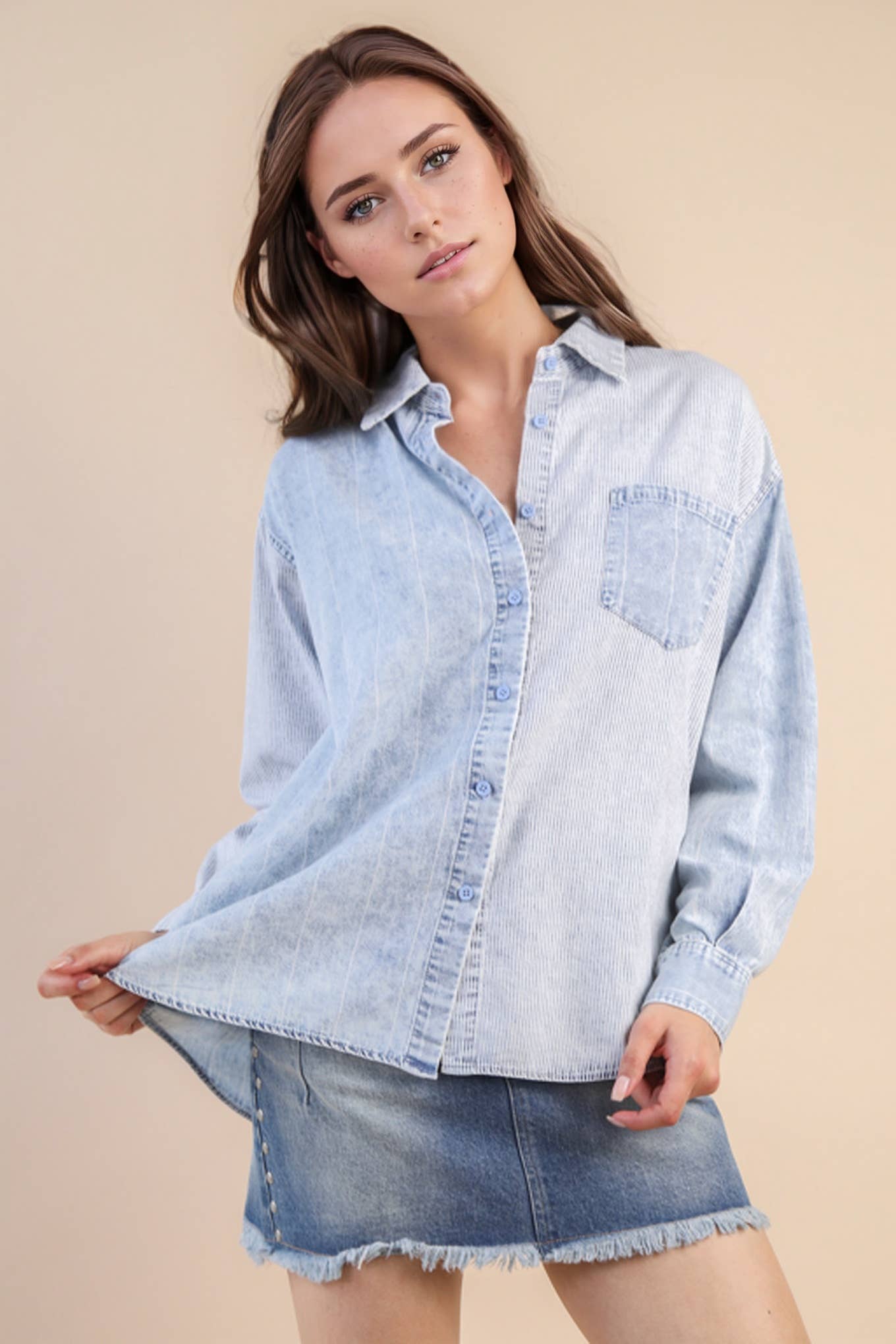 VERY J - Wholesale Button Down Shirt - Women's - NT12282-Mineral Washed Colorblock Striped Shirt Top5