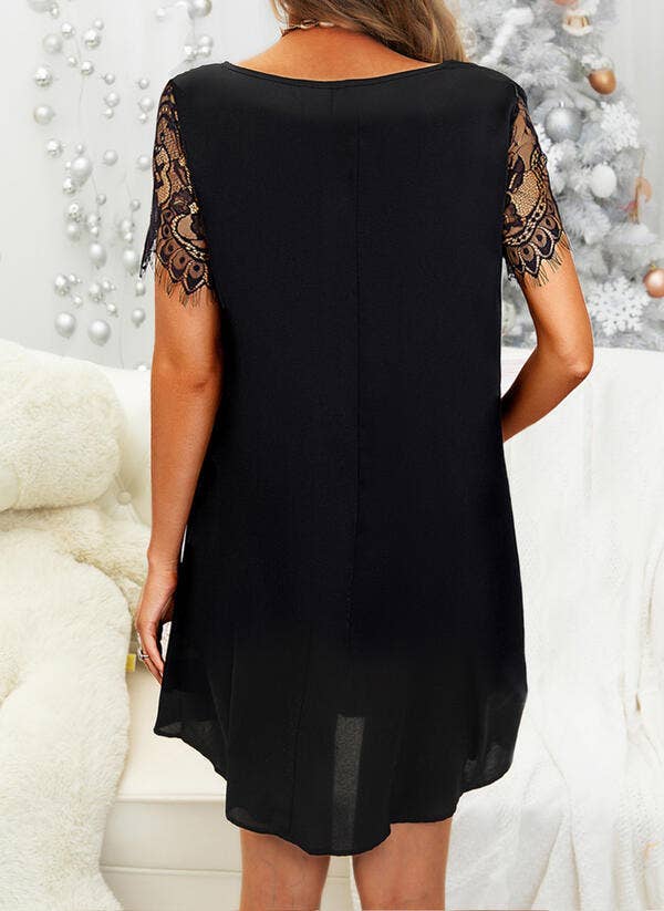 NOIR ROBE AMPLE EN DENTELLE À COL EN V ET PATCHWORK DE PAILLETTES_CWDSD6992 en vente sur Faire1
