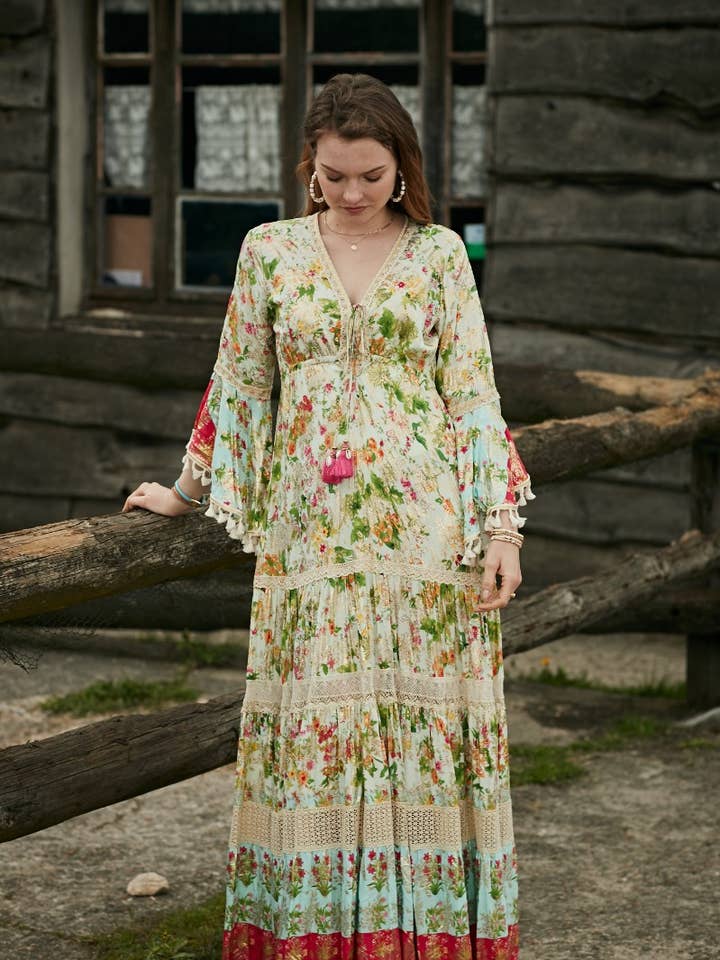 Vestido estampado mercerizado, mangas com borlas (Copi) por atacado de last queen