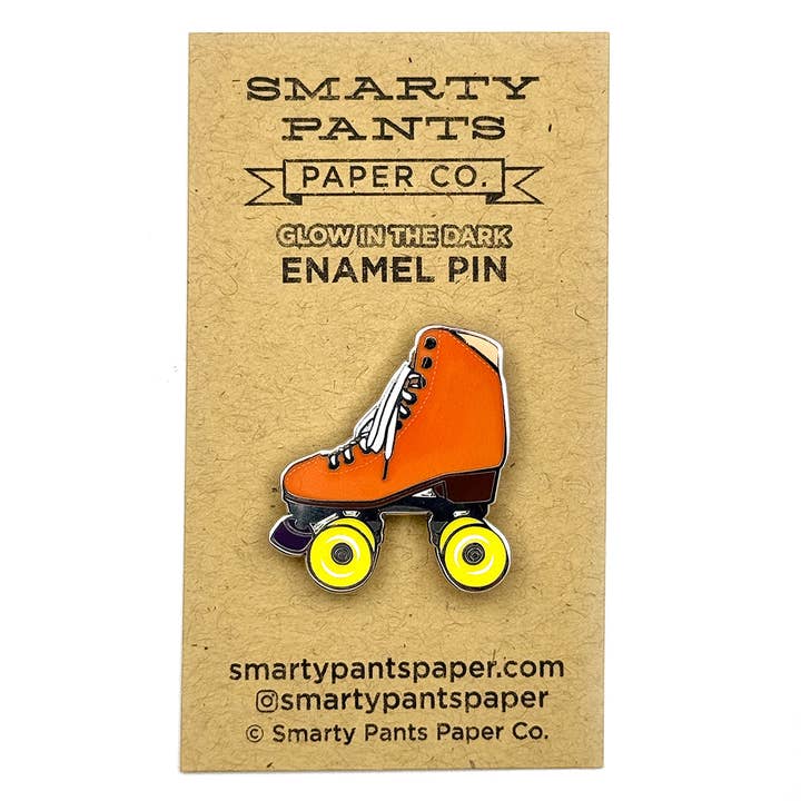 Smarty Pants Paper - Wholesale Lapel Pin/Button - Orange roller skate pin with glow in the dark wheels1