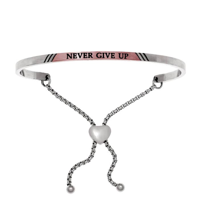 Stainless Steel with Rose+White Finish 3.5mm Matte Square Tube Adjustable Never Give Up Intuition Friendship Bangle with Draw String Clasp for wholesale by The Diamond Deal