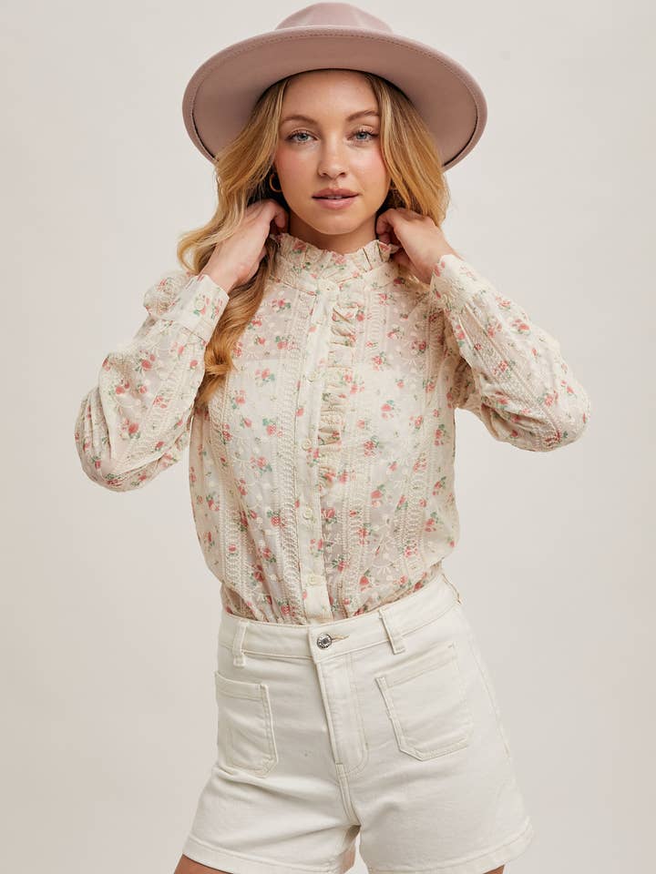 Bluivy - Wholesale Button Down Shirt - Women's - FLORAL PRINT BUTTON DOWN RUFFLED MOCK NECK BLOUSE