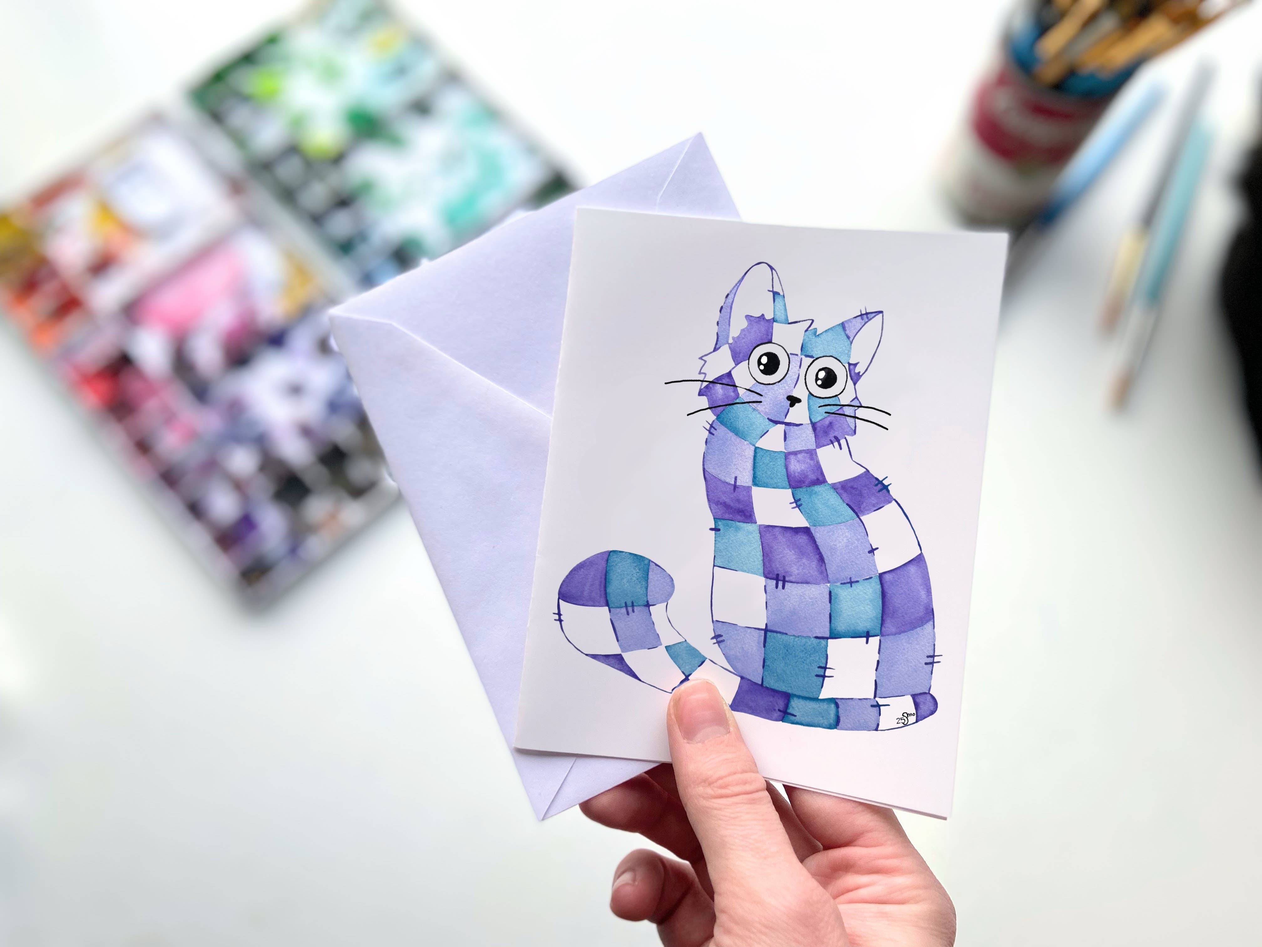 Owlfeathers Watercolor - Wholesale Everyday Greeting Card - Cat Quilt Watercolor Greeting Card – Cozy Patchwork Feline