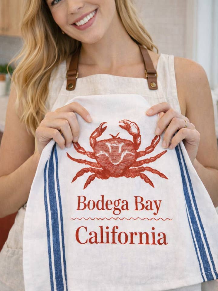 Bodega Bay Crab Tea Towel With Blue Stripes for wholesale by Luma Vintage