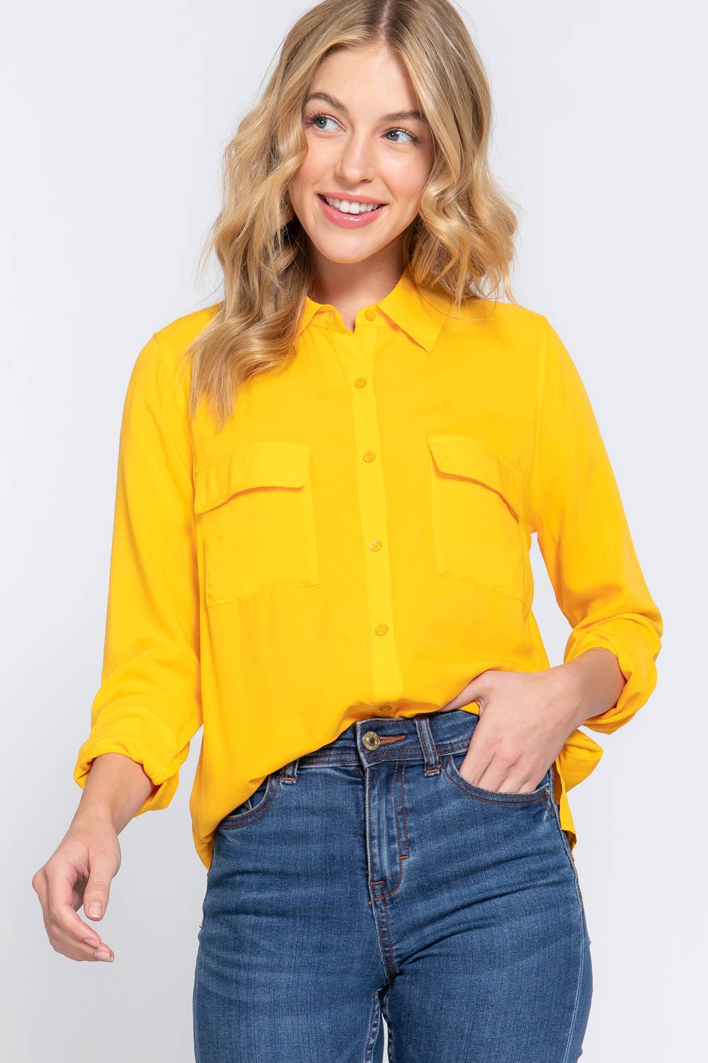 Active Basic | Active USA – wholesale Buttoned-down shirt – Women's – Long Sleeve Front Pocket Woven Shirt 8