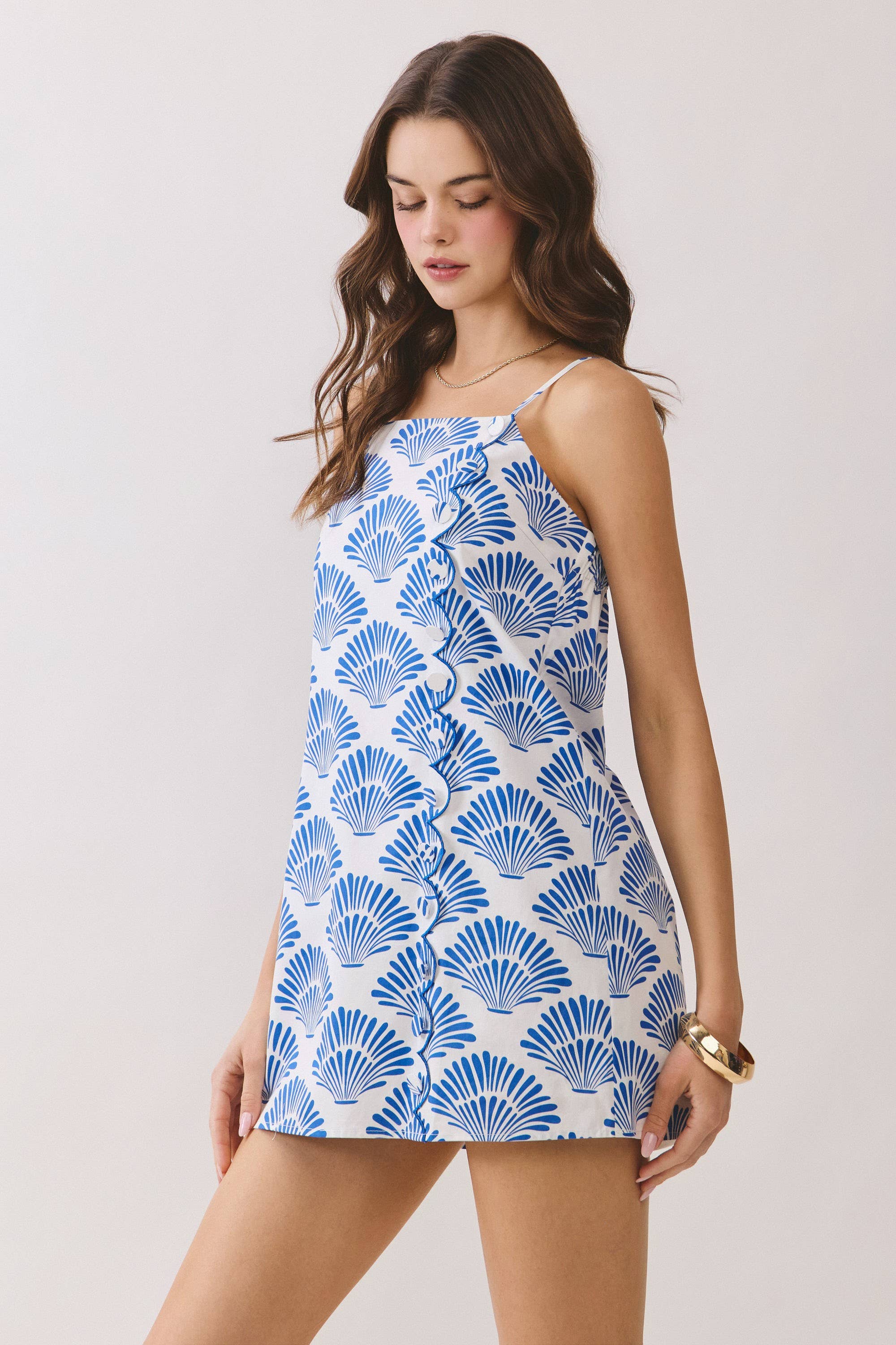 Blue CD06816-Shell Print Front Scallop Trim Mini Dress for wholesale on Faire2