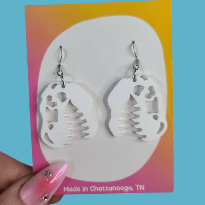 Dino Skull T-rex Teacher Statement - Laser Cut Acrylic Earrings for wholesale by Mini Kitty Designs
