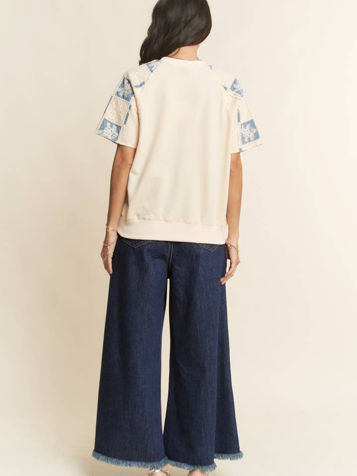 DENIM NUMBER PATCH FRONT CROCHET SWEATSHIRT TOP for wholesale on Faire