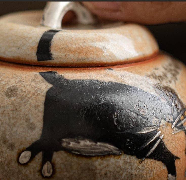 Gohobi （We cover U.S. import duties） - Wholesale Tea Pot - Gohobi Handmade Black Ink Hand-painted Cat Side Handle Teapot 0039