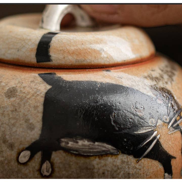 Gohobi (We cover U.S. import duties) - Wholesale Tea Pot - Gohobi Handmade Black Ink Hand-painted Cat Side Handle Teapot 0039