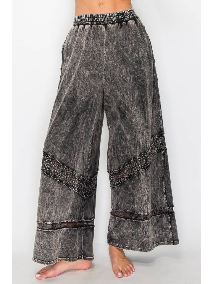 J.Her - Wholesale Pants - Women's - MineralWash Wide leg Pants with Boho Trims HP5716.
