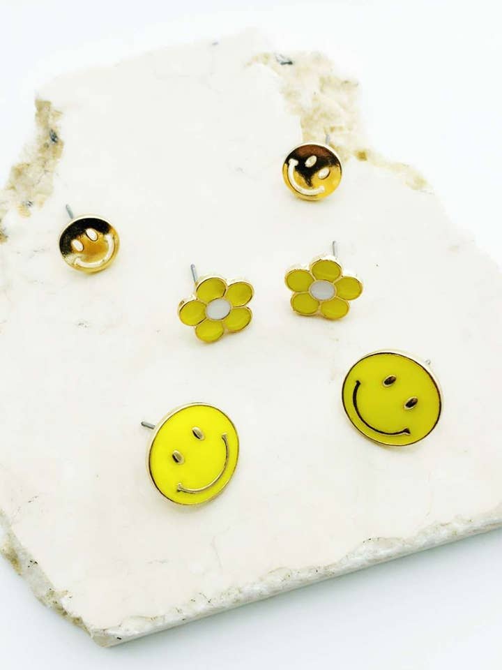 Smiley Face 3 Sets Stud Earrings for wholesale by Été Rose