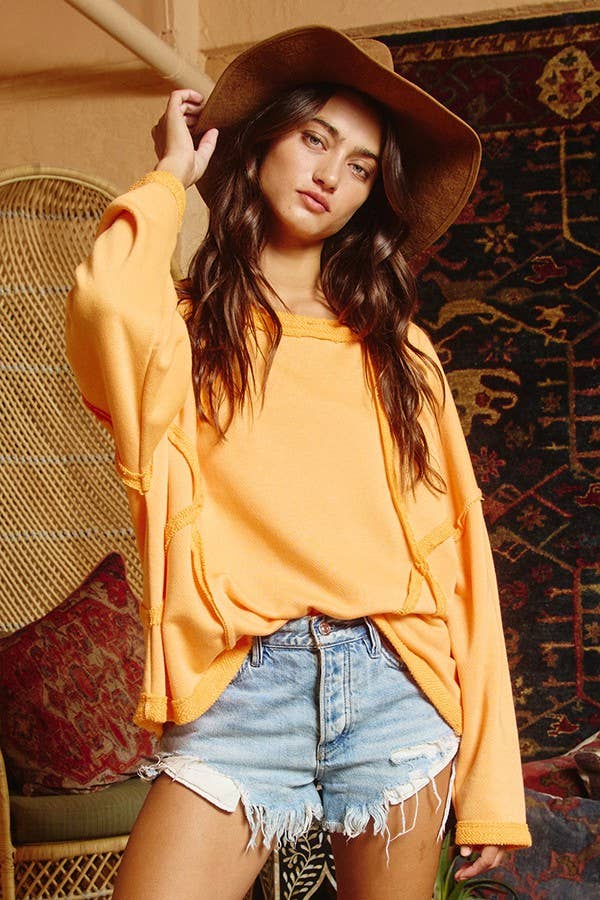 BUCKETLIST INC - Wholesale Sweatshirt - Women's - T1153-1 Oversized Solid Raw Edge Detail Long Sleeves Top33