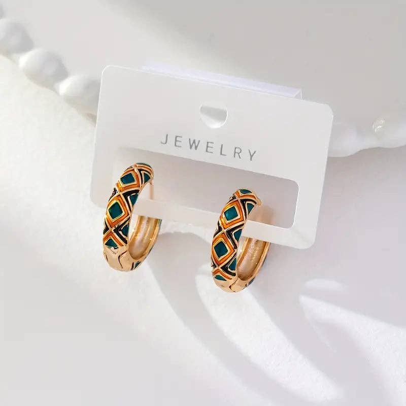 Huis Van Merken - Wholesale Hoop Earrings - 18K Gold Plated Enamel Diamond-Shaped Hoop Earrings0