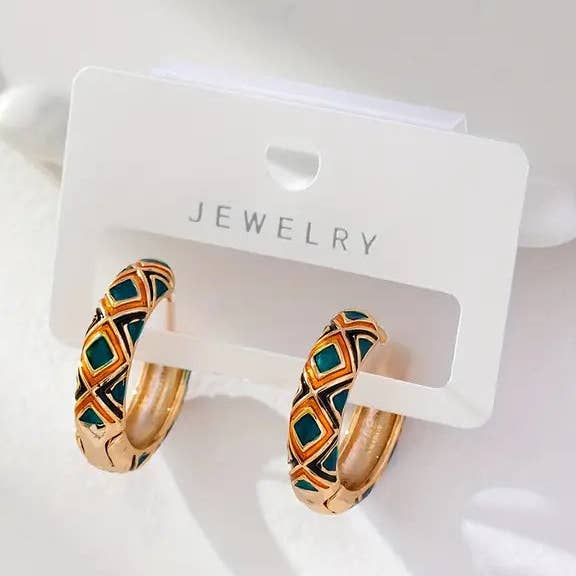 Huis Van Merken - Wholesale Hoop Earrings - 18K Gold Plated Enamel Diamond-Shaped Hoop Earrings0