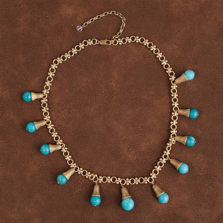 Vintage Gold Chain Necklace with Turquoise Drop Charms for wholesale by GirlyPirateCo