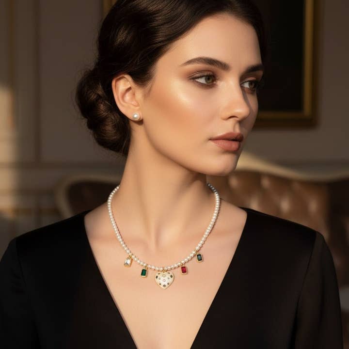 AROMIS - Collier avec perles naturelles et pendentif cœur émaillé avec zircons pour la vente par OE!