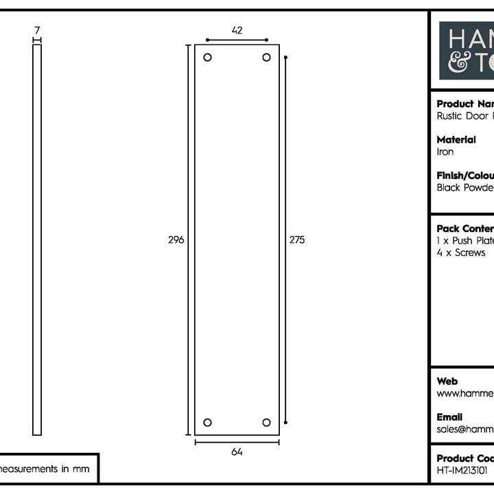 Rinkit Ltd – Engroshandel Knap/træk – Rustik Dør Skub Plade - W65mm x H295mm - Sort