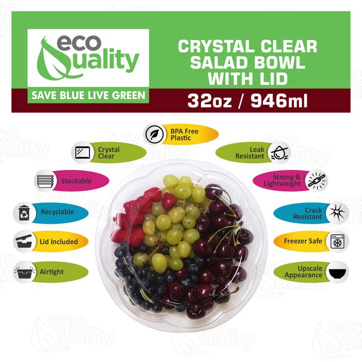 EcoQuality - Vendita all'ingrosso Contenitori per alimenti - Insalatiere usa e getta in plastica cristallina da 32 once con coperchi