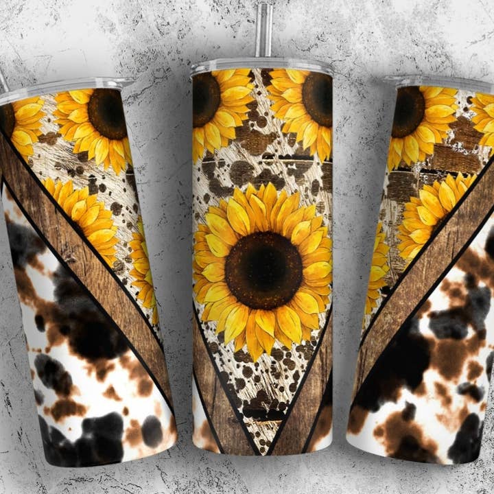 Bicchiere Western in pelle di vacchetta e girasoli da 20 once in acciaio inossidabile per la vendita all'ingrosso da parte di Knotted Gypsy Designs