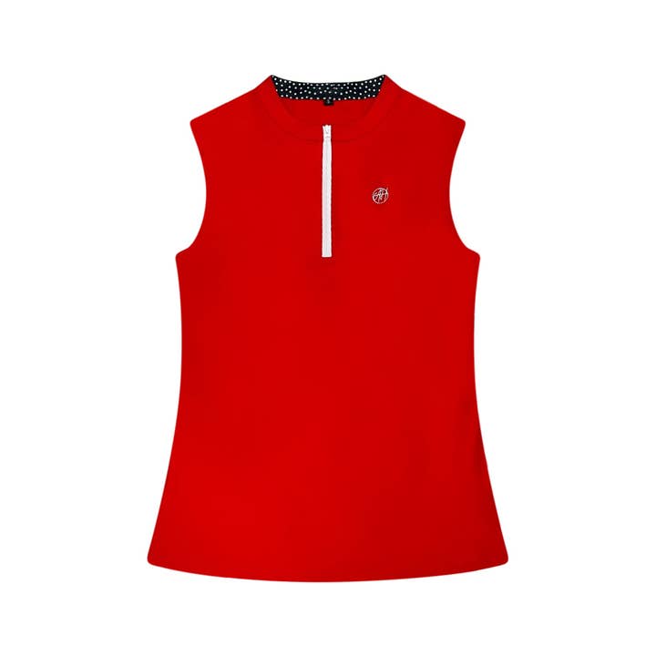 Susanna Polo in Red – Luxury Sleeveless Mock Polo- Golf, Tennis, & Pickleball for wholesale by Ashley Herrera Luxury Activewear