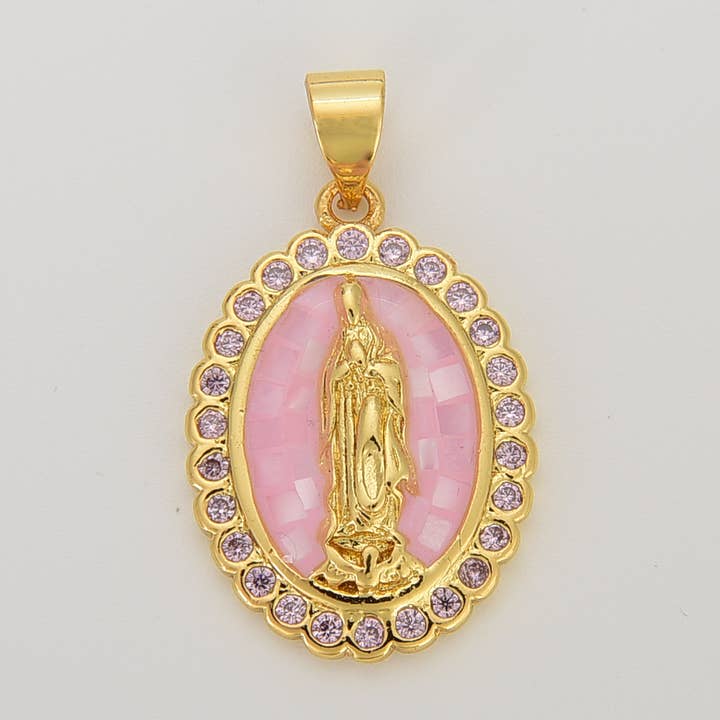 Breloque Vierge Marie bénie en émail rose en or doré, CP1156 pour la vente par Beads Creation