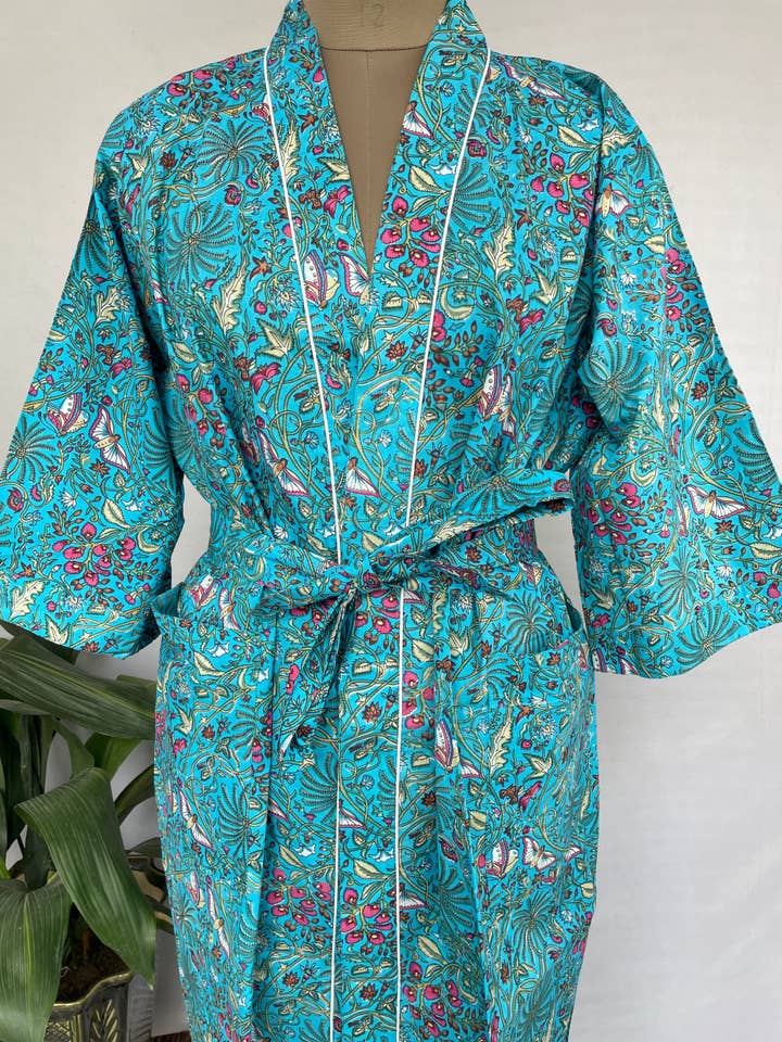 The Eastern Loom - Wholesale Kimono - Women's - Boho House Robe Summer Kimono Pure Cotton Aqua Hue Butterfly