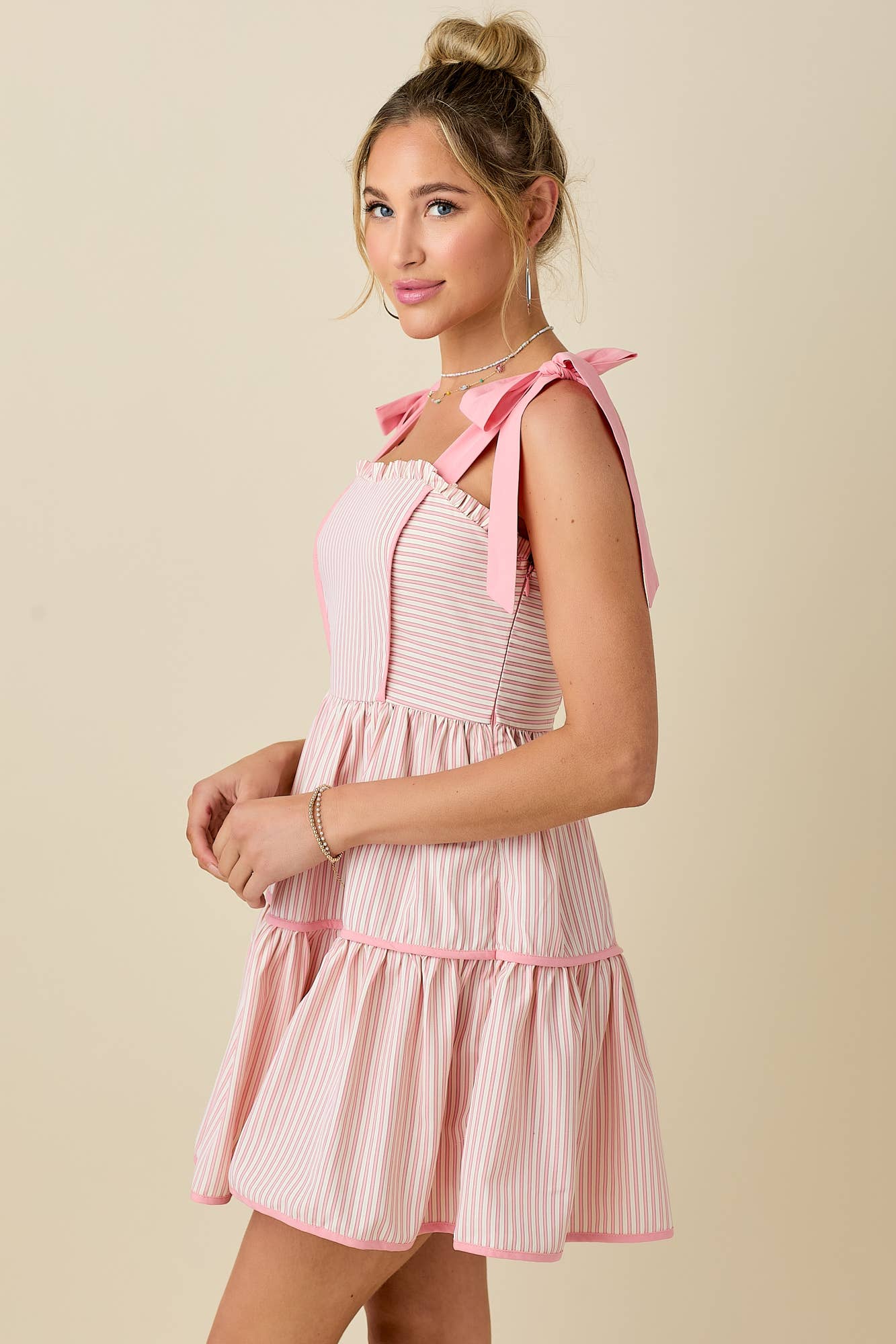 WHITE PINK Stripe mini dress with ribbon shoulder strap for wholesale on Faire8