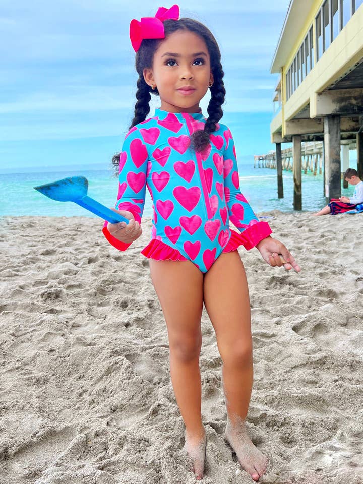 Watercolor Hearts Rash Guard One Piece Swimsuit for wholesale by Mia Belle Girls • Wholesale