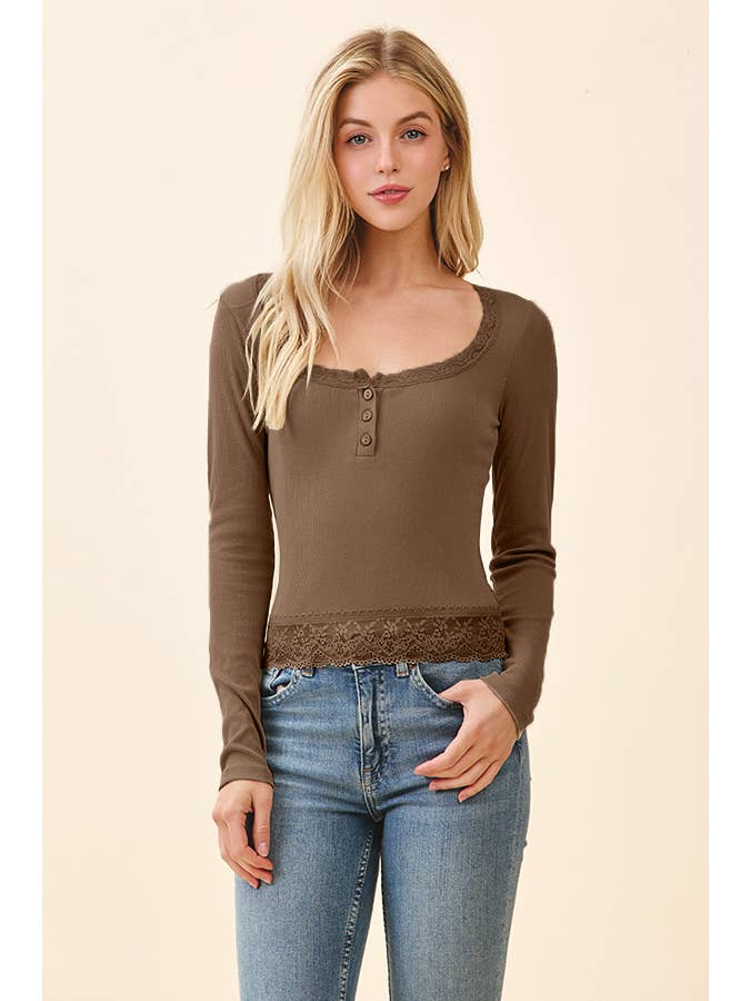 Heart & Hips - Wholesale Knit Top - Women's - BUTTON FRONT HENLEY WITH LACE AT NECK & BOTTOM HEM